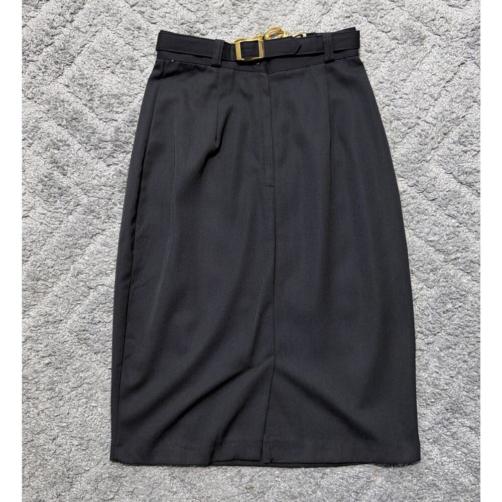 Vtg 70s-89s Jay Peters Belted Mid Skirt Womens S 7/8 Stretch Black Made In USA
